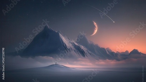 Majestic Mountain Landscape Under a Starry Sky with a Crescent Moon and Comet Trails