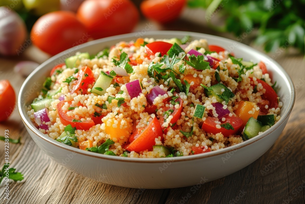 Bowl of couscous salad with tomato, cucumber, and red onion on a wood table. Use this image for healthy food blogs, recipes, or menu illustrations. Bowl of couscous salad with tomato, cucumber, and red onion on a wood table. Use this image for healthy food blogs, recipes, or menu illustrations.