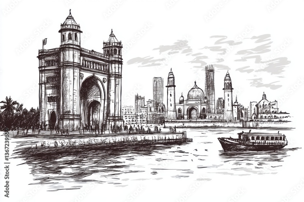 Obraz premium Gateway of India and Mumbai Cityscape Sketch with Boat