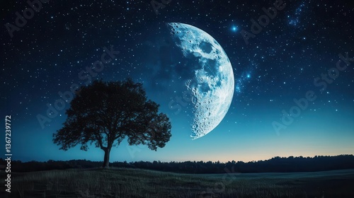 Majestic Tree Under a Enormous Moon Amidst a Starry Night Sky in a Tranquil Landscape