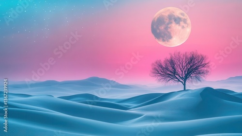 Surreal Desert Landscape with a Lone Tree Under a Bright Moon and Colorful Sky at Night