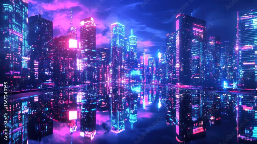 Futuristic Reflections: A Neon Metropolis with Vibrant Hues and Architectural Gleam Futuristic Reflections: A Neon Metropolis with Vibrant Hues and Architectural Gleam