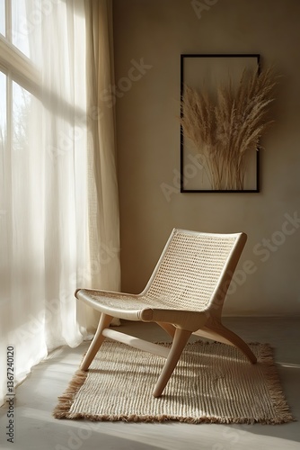 A wooden chair sits beside a window with curtains and wall art