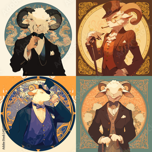 Charming cartoon ram characters in vintage suits and hats with aristocratic flair. Perfect for fantasy portraits, fashion-themed animal art, and stylish character illustrations.

