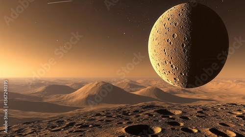Surreal Landscape of an Alien Planet with Majestic Mountains Beneath a Cosmic Dawn