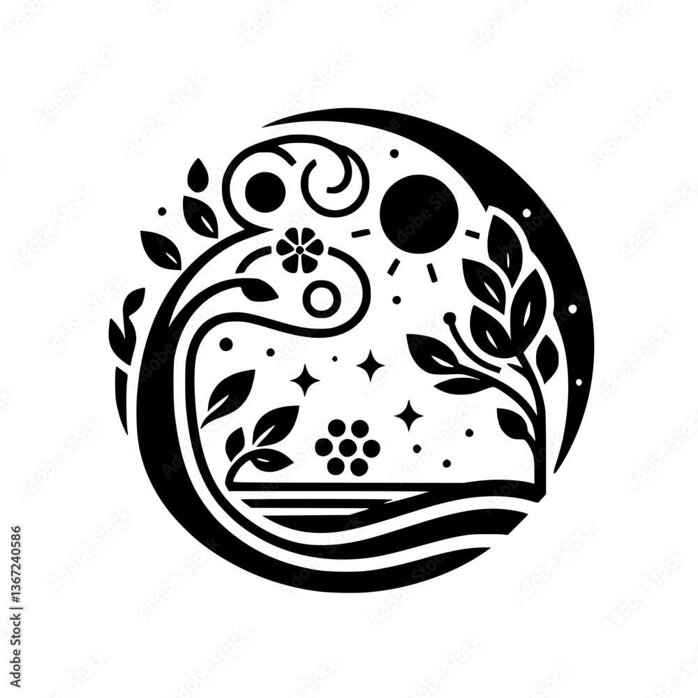 Obraz premium Circular Nature: Black & White Botanical Icon