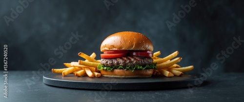 Freshly prepared burger and fries on a dark surface