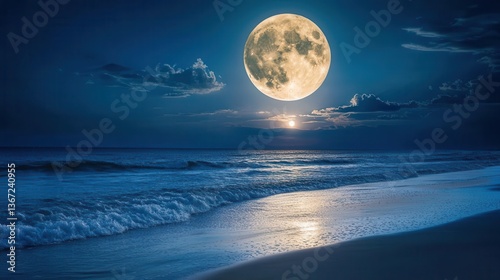Majestic Full Moon Illuminating Serene Ocean Waves Under a Night Sky with Clouds