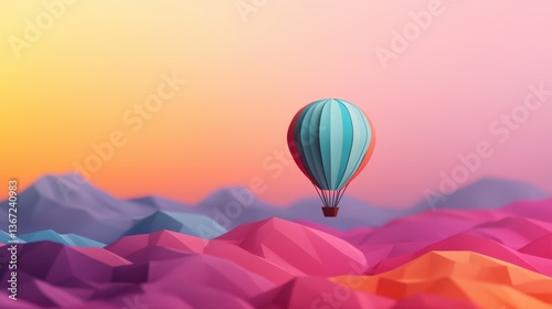 Colorful hot air balloon floating over vibrant abstract landscape at sunset in soft pastel tones