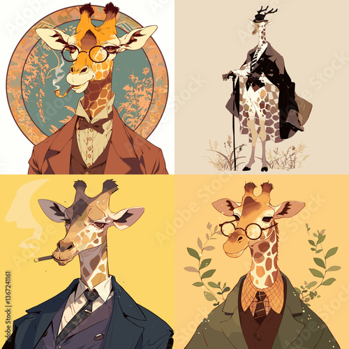 Vintage cartoon giraffe characters in suits and glasses, exuding classic charm and sophistication. Perfect for whimsical art, fashion themes, and unique animal character design.

