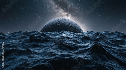 Surreal Nighttime Ocean Scene with Waves Under a Starry Sky and Distant Celestial Body