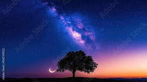 Tree Silhouette Under Milky Way and Crescent Moon Against Vibrant Twilight Sky
