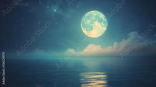 Moonlit Ocean Scene Under Starry Sky with Glowing Moon and Soft Clouds at Night