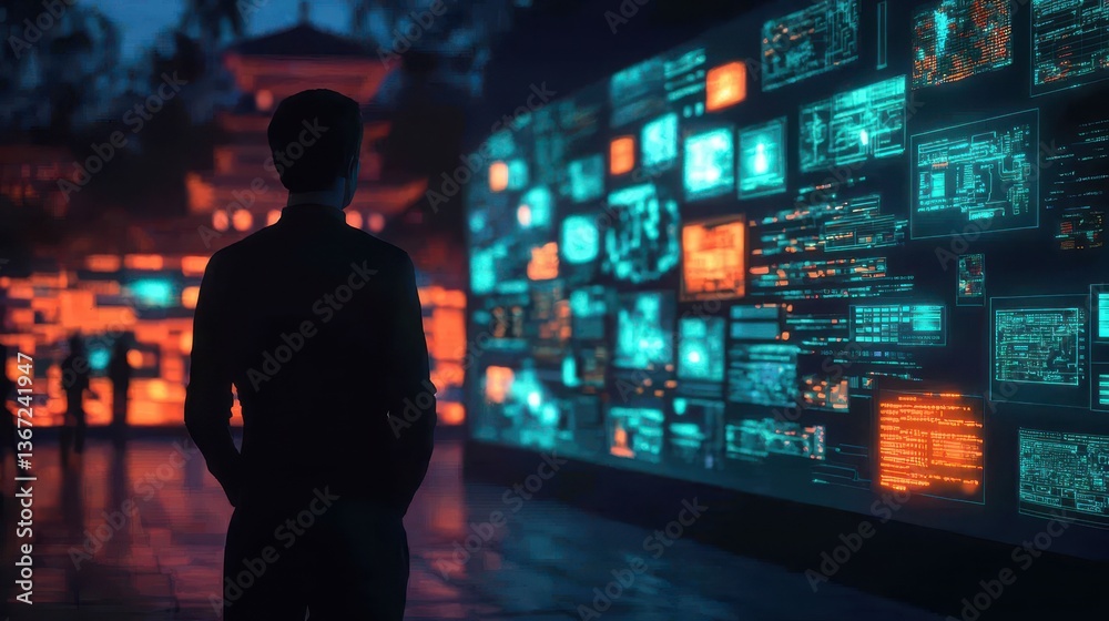 Person Observing Futuristic Digital Display in Urban Environment at Night with Neon Lights and Data Screens Person Observing Futuristic Digital Display in Urban Environment at Night with Neon Lights and Data Screens