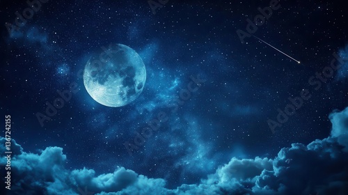 Vast Night Sky with Full Moon and Stars Illuminating Wispy Clouds in a Serene Atmosphere