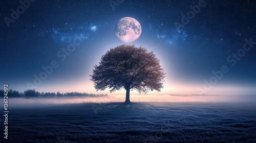 Majestic Tree Silhouette Under a Full Moon and Starry Sky in a Serene Night Landscape