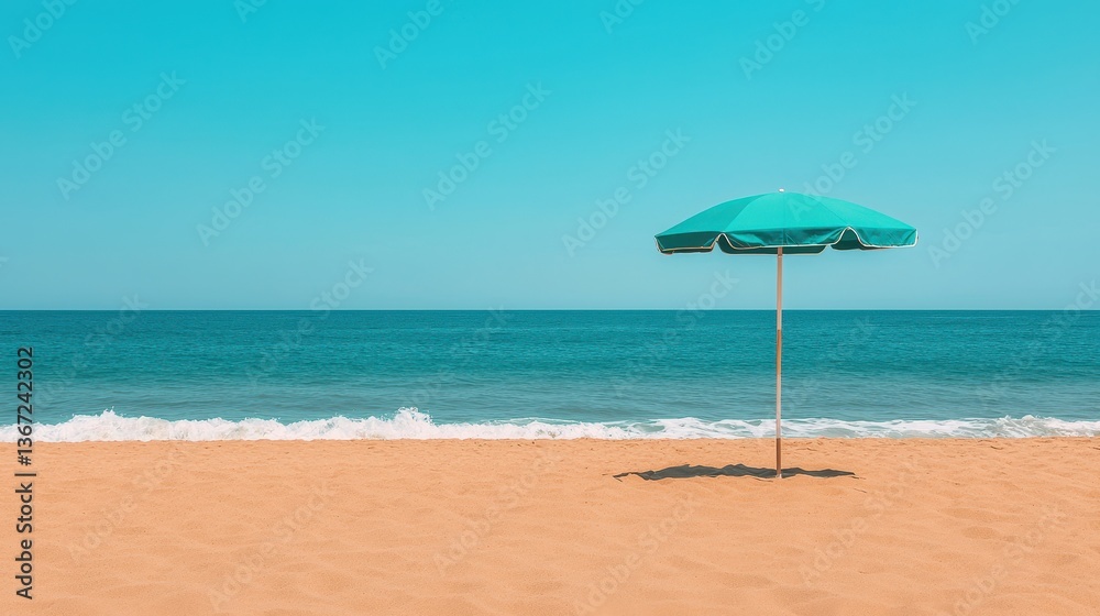 Serene beach scene with turquoise umbrella on golden sand under clear blue sky and calm ocean waves Serene beach scene with turquoise umbrella on golden sand under clear blue sky and calm ocean waves