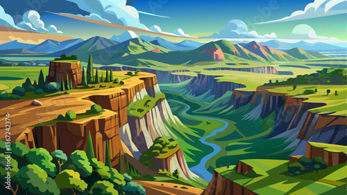 A panoramic view of the Great Rift Valley with dramatic cliffs and vast green landscapes