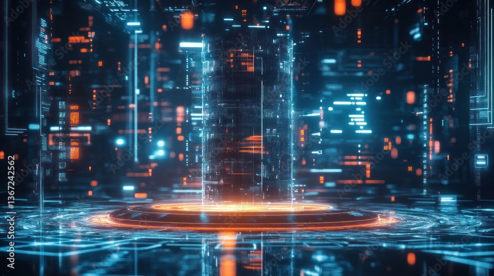 Fototapeta premium Advanced Cybersecurity System Visualization with Glowing Data Streams and Hub