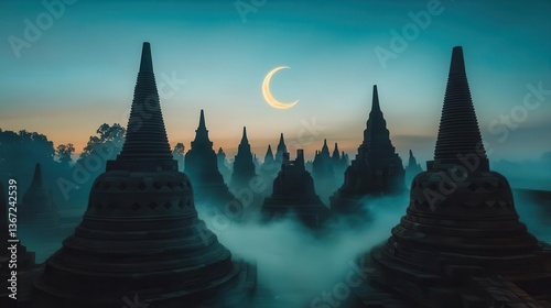 Mysterious Ancient Temples Silhouetted Against a Moonlit Sky at Sunset in Indonesia