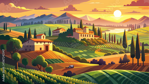 vector of charming countryside in Tuscany, Italy, where rolling vineyards meet golden sunset hues