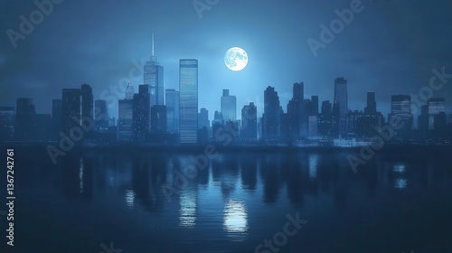 Moonlit Reflection of Urban Skyline at Night with Serene Water Surface in a Modern City