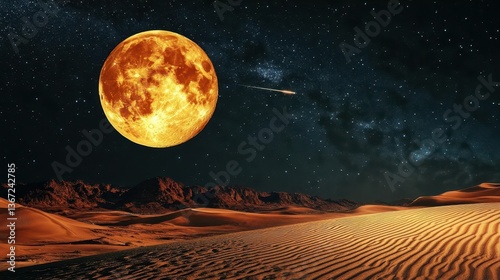 Vibrant Full Moon Illuminating Desert Landscape Under a Starry Night Sky