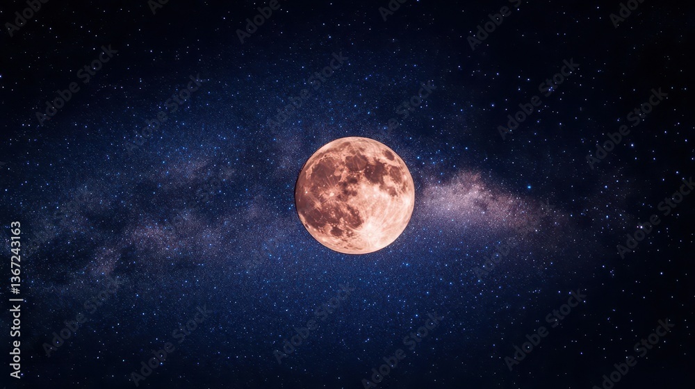 Fototapeta premium Vibrant Full Moon Illuminating Starry Sky Over Deep Space in Nighttime Landscape