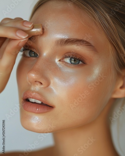 Woman applying highlighter stick to forehead in soft lighting