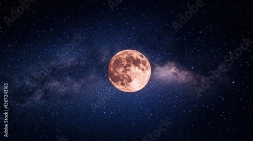 Vibrant Full Moon Illuminating Starry Sky Over Deep Space in Nighttime Landscape