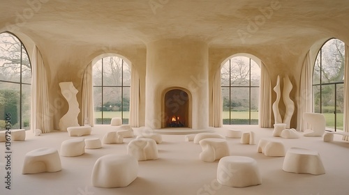 A modern interior room with abstract sculptures and fireplace