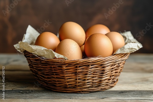 Wallpaper Mural Brown chicken eggs fill a wicker basket lined with paper on wood. Perfect for recipes, baking, or showcasing healthy, farm-fresh ingredients. Torontodigital.ca