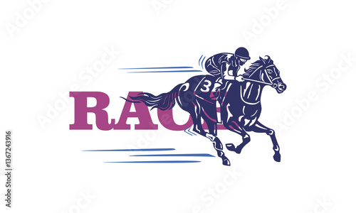 GREAT HORSE RACE EVENT LOGO, silhouette of big and strong horse with jockey running vector illustrations