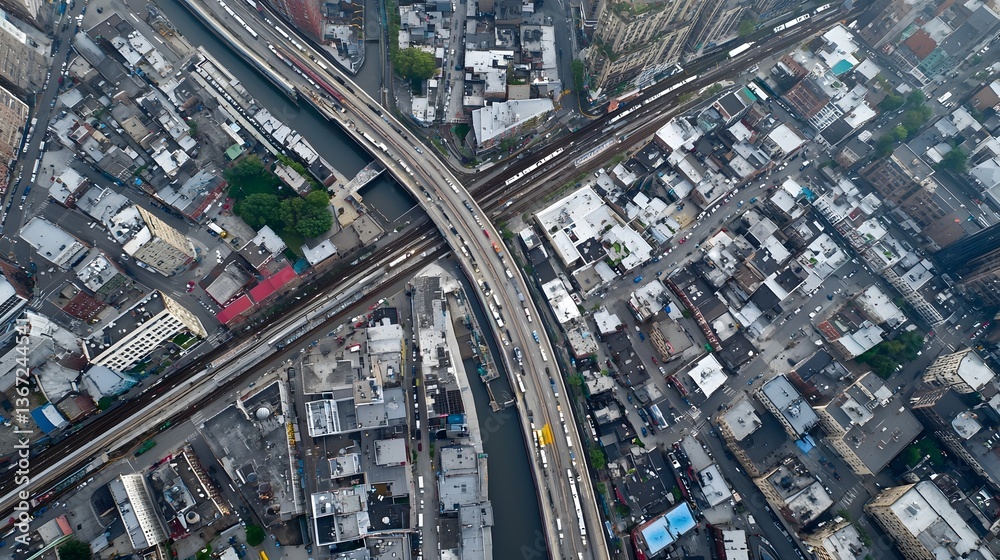 Fototapeta premium Aerial shot showcasing the intricate network of stormwater channels underground pipes and other drainage infrastructure that helps manage water flow and prevent flooding in a metropolitan area