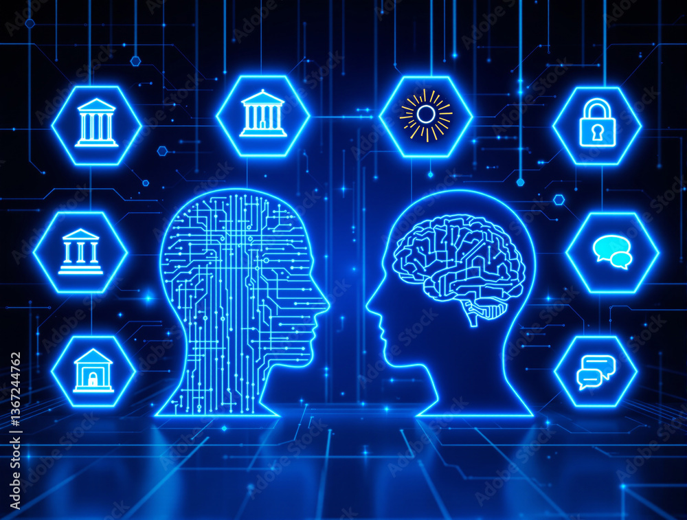 Glowing digital human heads with circuit brain and neural patterns, surrounded by glowing tech, security, and info icons on a futuristic tech background. Ai generative Glowing digital human heads with circuit brain and neural patterns, surrounded by glowing tech, security, and info icons on a futuristic tech background. Ai generative