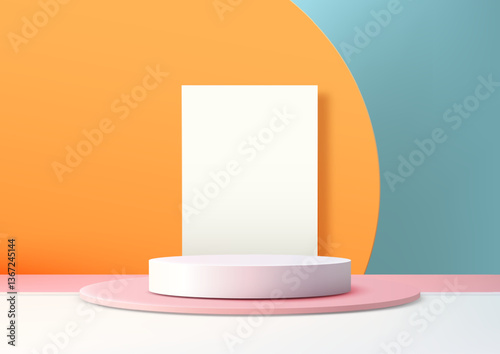 minimalist 3d pink podium on white circular base with orange blue curved backgrounds, modern product display mockup