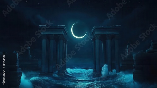 Mysterious Night Landscape With Ancient Pillars Overlooking The Crescent Moonlit Sea