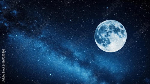 Majestic Night Sky Featuring Bright Full Moon and Stars in a Beautiful Galaxy Landscape