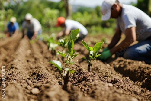 Farm workers planting young plants in rows during daytime at a rural agricultural site in spring. concept ecology, volunteers, resource renewal