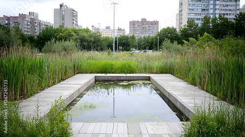 Stormwater Detention Pond in a City Landscape Designed to Reduce Flood Risks and Effectively Manage Excess Rainwater Through Sustainable Infrastructure