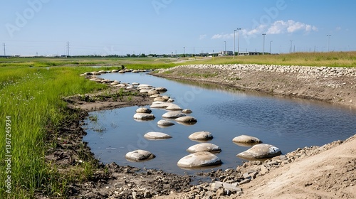 Stormwater detention pond in a city landscape designed to reduce flood risks and manage excess rainwater through controlled release promoting urban sustainability and environmental conservation