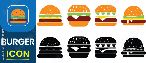 Burger icon vector set. Fast food unhealthy diet icon. Representing poor dietary choices and health risks, cheeseburger, meal, takeaway. Vector illustration. 