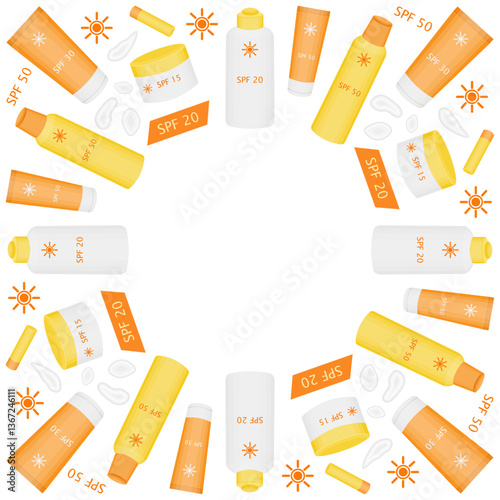 Square frame with sun protection products isolated on white or transparent background. Vector illustration. Sunscreen for face and body with UV and SPF. Body milk and lip balm.