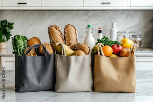 Fresh groceries arranged in reusable bags on a kitchen counter filled with bread, fruits, and vegetables. eco-friendly packaging concept
