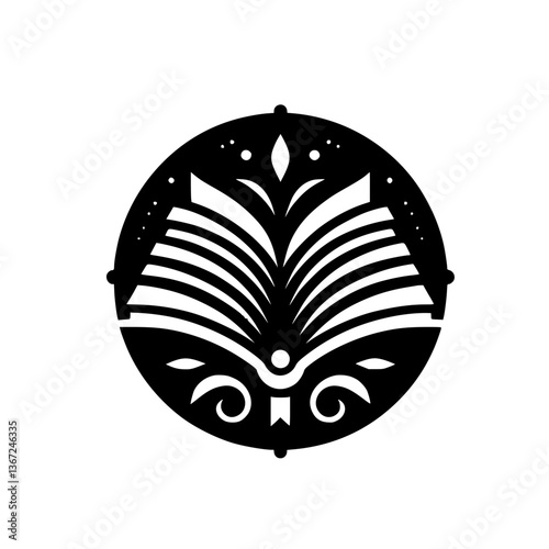 Literary Emblem: Black and White Book & Circle Design