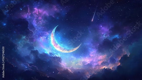 Majestic Night Sky with Illuminated Moon and Colorful Nebulae under Starry Atmosphere