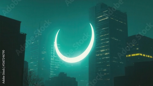 Mysterious Urban Landscape with Neon Crescent Moon Illuminating Skyscrapers at Night