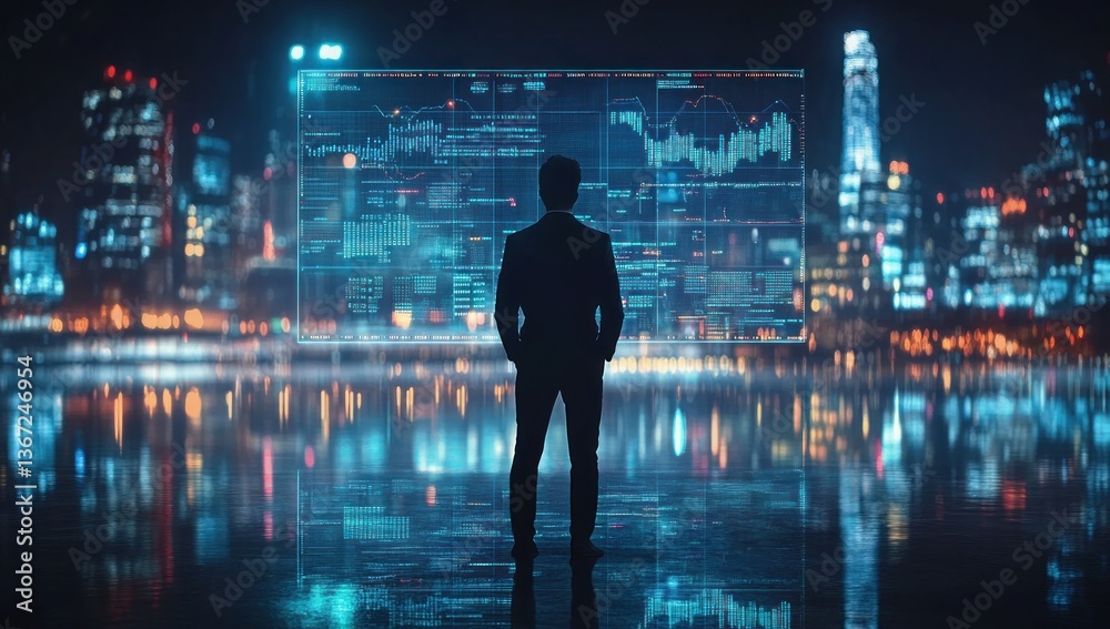 businessman facing a digital screen displaying complex data with a glittering cityscape reflecting in the water creating a futuristic environment businessman facing a digital screen displaying complex data with a glittering cityscape reflecting in the water creating a futuristic environment