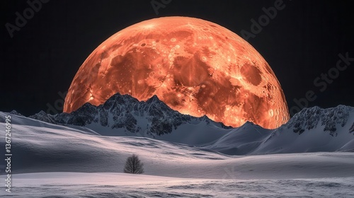 Majestic Orange Moon Rising Over Snow-Covered Mountains Under a Starry Night Sky
