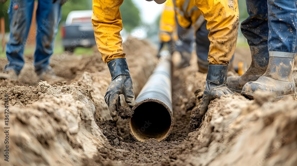 A close up view showcasing the careful installation of a heavy duty drainage pipe being laid underground with meticulous alignment and precision to ensure efficient water flow and infrastructure A close up view showcasing the careful installation of a heavy duty drainage pipe being laid underground with meticulous alignment and precision to ensure efficient water flow and infrastructure